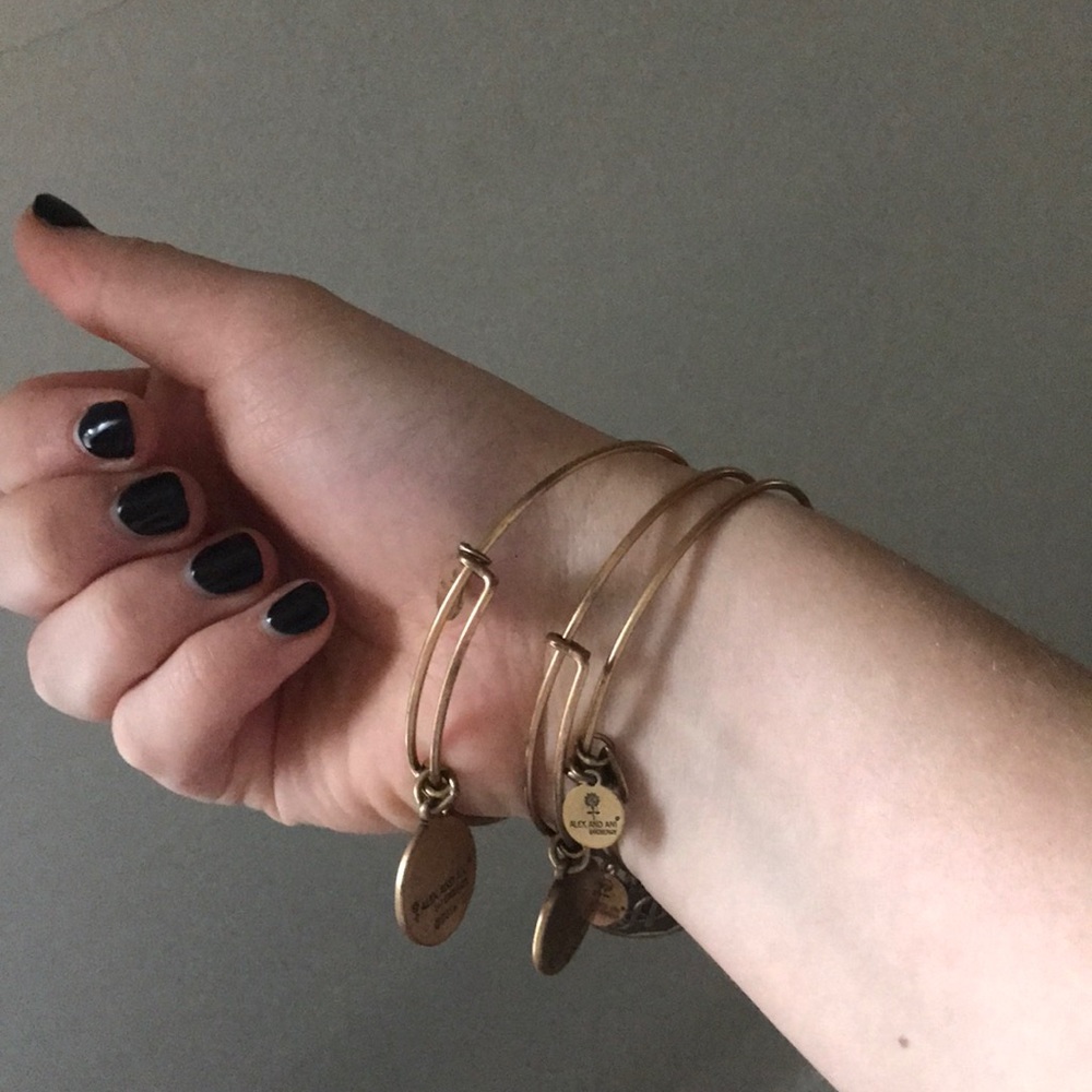 Three Alex and Ani bracelets letter “A”, tree, leo